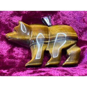 Tigers Eye Bear Pendant Necklace 19" Silver Tone Chain